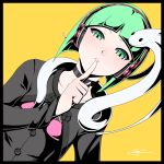  1girl absurdres bangs blunt_bangs choker collarbone finger_to_mouth green_eyes green_hair headphones highres index_finger_raised its_just_suppi lips parted_lips phonon_(under_night_in-birth) short_hair simple_background solo under_night_in-birth yellow_background 