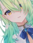  1girl blue_ribbon ceres_fauna earrings flower green_hair hair_flower hair_ornament hako_sketch highres hololive hololive_english jewelry long_hair looking_at_viewer mole mole_under_eye orange_eyes parted_lips ribbon solo teeth virtual_youtuber wavy_hair white_flower 
