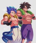  2boys ? abs artist_name black_eyes black_hair blue_eyes blue_hair blurry bracer broly_(dragon_ball_super) closed_mouth commentary_request cross_scar dark-skinned_male dark_skin depth_of_field dragon_ball dragon_ball_super dragon_ball_super_broly fur_(clothing) gogeta green_fur grey_background highres looking_at_viewer male_focus metamoran_vest multiple_boys muscular muscular_male navel notice_lines pants parted_lips pectorals purple_pants scar scar_on_cheek scar_on_chest scar_on_face simple_background spiky_hair super_saiyan super_saiyan_blue topless_male twitter_username white_pants zero-go 