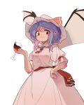  1girl absurdres alcohol bat_wings brooch cup dress drinking_glass hat hat_ribbon highres holding holding_cup housulu jewelry mob_cap pointy_ears puffy_sleeves red_eyes remilia_scarlet ribbon short_sleeves solo touhou wine wine_glass wings 