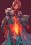  1girl aduti_momoyama blush breasts cape dress fire fire_emblem fire_emblem:_three_houses fire_emblem_warriors:_three_hopes gloves hair_ornament highres long_sleeves looking_at_viewer medium_breasts monica_von_ochs official_alternate_costume official_alternate_hairstyle red_eyes redhead short_hair simple_background smile solo 