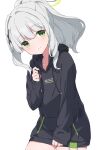  1girl adjusting_clothes black_hoodie blue_archive collarbone commentary_request green_eyes grey_hair hair_intakes hair_ornament hairclip halo hare_(blue_archive) highres hood hoodie long_hair looking_at_viewer mochigome_(ununquadium) ponytail smile solo 