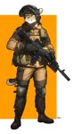  1boy absurdres ak-74m animal_ears artist_name assault_rifle assault_visor body_fur boots brown_footwear brown_fur brown_jacket brown_pants closed_mouth collared_jacket commentary commission english_commentary full_body furry furry_male gloves grenade_launcher grey_gloves gun helmet highres holding holding_gun holding_weapon jacket kalashnikov_rifle knee_pads looking_away male_focus military military_uniform original pants pgm300 pouch rifle russian_army russian_flag scope simple_background smile solo standing suppressor tail trigger_discipline underbarrel_grenade_launcher uniform visor_lift weapon white_fur yellow_eyes 