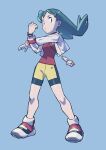  1girl absurdres bangs bike_shorts bracelet closed_mouth cropped_jacket donnpati full_body green_eyes green_hair grey_background highres jacket jewelry knees kris_(pokemon) legs_apart long_hair long_sleeves official_style pokemon pokemon_(game) pokemon_gsc red_shirt shirt shoes solo standing stretching white_footwear white_jacket 