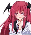  1girl :d bat_wings collared_shirt head_wings heart highres ichimura_kanata index_finger_raised koakuma long_hair looking_at_viewer open_mouth red_eyes redhead shirt simple_background smile solo touhou upper_body white_background wings 