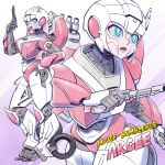 1girl arcee autobot blue_eyes bumblebee_(film) character_name copyright_name gun hand_on_hip holding holding_gun holding_weapon looking_to_the_side mecha open_mouth robot running science_fiction smile sunafuki_tabito transformers transformers_(live_action) twisted_torso weapon wheel 