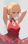  1girl armpits bare_arms bare_shoulders black_collar blonde_hair closed_mouth collar commentary dress highres jewelry lettereast lycoris_recoil necklace nishikigi_chisato red_dress red_eyes short_hair sleeveless sleeveless_dress solo upper_body 