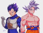  2boys abs armor closed_mouth commentary_request dated dougi dragon_ball dragon_ball_super ear_ornament gloves grey_hair hand_up looking_at_viewer male_focus multiple_boys muscular muscular_male no_eyebrows no_nipples open_mouth pectorals purple_hair saiyan_armor serious simple_background smile son_goku spiky_hair teeth topless_male torn_clothes twitter_username ultra_ego_(dragon_ball) ultra_instinct vegeta violet_eyes white_background white_gloves zero-go 