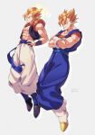  2boys abs blonde_hair blue_eyes blue_sash commentary_request crossed_arms dated dougi dragon_ball dragon_ball_z gogeta grey_background halo hands_on_hips highres looking_at_viewer looking_to_the_side male_focus metamoran_vest multiple_boys pants pectoral_cleavage pectorals sash simple_background spiky_hair twitter_username vegetto white_pants zero-go 