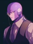  1boy bald black_background black_vest closed_mouth collared_shirt colored_skin dragon_ball dragon_ball_super formal glint grey_shirt highres hit_(dragon_ball) male_focus monocle monocle_chain necktie pink_eyes purple_necktie purple_skin serious shirt simple_background solo twitter_username upper_body vest zero-go 