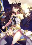  1girl absurdres bangs black_hair breasts crown fate/grand_order fate_(series) highres holding ishtar_(fate) kekentang long_hair looking_at_viewer open_mouth red_eyes sitting sky solo space star_(sky) twintails 