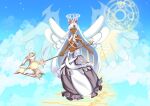  angel angel_wings crown dark_skin grey_eyes highres holding holding_staff lunabrie non-web_source shadowlight sky staff sword weapon white_hair wings 