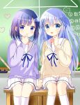  2girls :d absurdres bangs blue_eyes blue_hair blue_ribbon brown_sweater chalkboard closed_mouth commentary_request feet_out_of_frame fuiba_fuyu gochuumon_wa_usagi_desu_ka? hair_between_eyes hair_ornament hairclip hand_up highres holding_hands indoors kafuu_chino long_hair multiple_girls neck_ribbon purple_sweater ribbon ryoutan sailor_collar sitting skirt smile socks sweater translation_request two_side_up very_long_hair white_sailor_collar white_skirt white_socks x_hair_ornament 