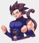  1boy :d armor black_eyes black_hair black_shirt clenched_hands commentary_request cropped_torso dated dragon_ball dragon_ball_legends fang happy looking_at_viewer male_focus monkey_tail muscular muscular_male saiyan_armor shallot_(dragon_ball) shirt simple_background skin_fang smile solo sparkle spiky_hair tail twitter_username upper_body zero-go 