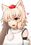  1girl animal_ear_fluff animal_ears brown_eyes dark_skin fang hat heart highres inubashiri_momiji looking_at_viewer one_eye_closed open_mouth otomen_maru-no-uchi pom_pom_(clothes) red_headwear short_hair simple_background solo_focus tokin_hat touhou upper_body white_background white_hair wolf_ears 