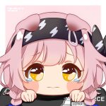  1girl animal_ears arknights bag bangs black_hairband blue_bow blush_stickers bow braid cat_ears chibi closed_mouth commentary diagonal_stripes duffel_bag english_commentary fpsmoe goldenglow_(arknights) hair_bow hairband hands_up lightning_bolt_print long_hair looking_at_viewer pink_hair print_hairband recruitment_bag_(arknights) solo striped striped_background tears twin_braids wavy_mouth yellow_eyes 