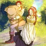  1boy 1girl aisha_greyrat ars_greyrat artist_request aunt_and_nephew breasts carrying day gloves grass highres large_breasts long_hair looking_at_another maid medium_hair mushoku_tensei open_mouth outdoors redhead sky smile standing sunlight tree yellow_eyes 