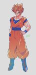  1boy blonde_hair blue_sash blue_shirt blue_wristband closed_mouth collarbone commentary_request dated dougi dragon_ball full_body green_eyes grey_background hand_on_hip highres looking_at_viewer male_focus orange_pants pants pectoral_cleavage pectorals sash shirt short_sleeves simple_background smile solo son_goku spiky_hair standing super_saiyan super_saiyan_1 twitter_username wristband zero-go 