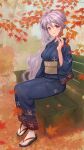  1girl absurdres autumn_leaves bench commission commissioner_upload falling_leaves fire_emblem fire_emblem:_genealogy_of_the_holy_war fire_emblem_heroes highres holding ishtar_(fire_emblem) japanese_clothes kimono leaf long_hair looking_at_viewer non-web_source purple_hair skeb_commission smile violet_eyes wss_(nicoseiga19993411) yukata 