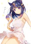 1girl :&lt; animal_crossing animal_ears animal_nose ankha_(animal_crossing) bangs bare_shoulders barefoot blue_hair blunt_bangs blurry bob_cut body_fur breasts cat_ears cat_girl cat_tail closed_mouth commentary covered_navel dedeko depth_of_field dress english_commentary feet gradient gradient_background hair_ornament half-closed_eyes highres humanization invisible_chair leg_warmers legs legs_together looking_to_the_side red_eyes short_dress short_hair sidelocks signature simple_background sitting small_breasts snake_hair_ornament solo sparkle_background striped_tail tail translation_request white_dress yellow_fur