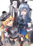  2girls adapted_turret anchor_hair_ornament aqua_eyes black_neckerchief black_skirt blonde_hair blue_eyes blue_hair blue_sailor_collar blue_skirt cannon cross gloves gotland_(kancolle) hair_bun hair_ornament half_gloves hat highres iron_cross kantai_collection long_hair looking_at_viewer low_twintails machinery microskirt military military_hat military_uniform minosu mole mole_under_eye multiple_girls neckerchief one_eye_closed peaked_cap pleated_skirt prinz_eugen_(kancolle) raised_fist sailor_collar single_hair_bun skirt smokestack standing turret twintails uniform white_gloves 