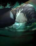  1boy bangs bieshuohuaaiwo black_hair chinese_commentary commentary_request dark emlyn_white lips lord_of_the_mysteries lying_on_water night outdoors parted_lips plant red_eyes reflection reflective_water ripples sleeping solo teeth water 