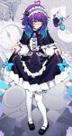  1girl absurdres ahoge akagi_(sk0127aho) apron bandaid bandaid_on_face bandaid_on_nose black_footwear blue_eyes blue_hair blue_nails blush breasts clothes_lift commentary english_commentary heart heart_ahoge highres lifted_by_self looking_at_viewer maid maid_apron maid_headdress medium_breasts melody_(projektmelody) nail_polish projektmelody purple_hair shoes skirt skirt_lift smile t0m_(projektmelody) thigh-highs virtual_youtuber vshojo white_apron white_sleeves white_thighhighs 