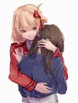  2girls absurdres black_hair blonde_hair closed_mouth commentary_request hair_ribbon highres hug inoue_takina long_hair long_sleeves looking_at_another lycoris_recoil lycoris_uniform mikuni144 multiple_girls nishikigi_chisato red_eyes red_ribbon ribbon short_hair simple_background two-tone_dress upper_body white_background 