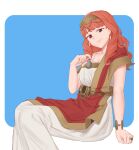  1girl bare_shoulders blue_background breasts celica_(fire_emblem) collarbone detached_sleeves dress earrings ebinku fire_emblem fire_emblem_echoes:_shadows_of_valentia highres jewelry long_dress long_hair looking_at_viewer medium_breasts necklace red_eyes redhead ring simple_background single_detached_sleeve smile solo tiara white_dress 