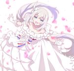  1girl bangs blue_eyes dress eyebrows_hidden_by_hair falling_petals fate/grand_order fate_(series) flower gloves hair_between_eyes long_hair looking_at_viewer looking_up marie_antoinette_(fate) mori_marimo open_mouth petals ribbon smile solo white_dress white_gloves white_hair 