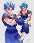 1boy blue_eyes blue_hair blue_sash boots commentary_request dougi dragon_ball dragon_ball_super earrings figure_four_sitting grey_background grin hand_up highres invisible_chair jewelry looking_at_viewer looking_to_the_side male_focus multiple_views open_mouth pectoral_cleavage pectorals potara_earrings sash simple_background sitting smile spiky_hair standing super_saiyan super_saiyan_blue vegetto white_footwear zero-go