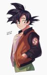  1boy belt black_eyes black_hair casual commentary_request cropped_torso dated dragon_ball dragon_ball_super green_pants hand_in_pocket jacket letterman_jacket male_focus number_print open_clothes open_jacket orange_jacket pants pectoral_cleavage pectorals print_jacket shirt simple_background solo son_goku spiky_hair twitter_username upper_body white_background white_shirt zero-go 