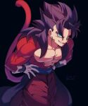  1boy abs aqua_eyes black_background black_hair blue_sash blurry commentary_request dated depth_of_field dragon_ball dragon_ball_heroes earrings gloves grey_gloves grin hands_on_hips highres jewelry leaning_forward male_focus monkey_boy monkey_tail no_nipples pants pectorals potara_earrings red_fur red_pants sash simple_background smile solo spiky_hair super_saiyan super_saiyan_4 tail twitter_username vegetto vegetto_(xeno) zero-go 