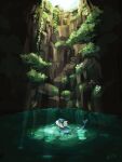  animal_focus bright_pupils commentary_request from_side highres light_rays looking_up mokuzou_(moku_ssbu) moss no_humans partially_submerged pokemon pokemon_(creature) solo vaporeon water 