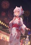  1girl :d absurdres animal_ears arm_at_side bangs blush breasts cat_ears clenched_hand collarbone eleven-sora fang festival fireworks floral_print grey_hair hair_bun highres holding japanese_clothes kimono looking_up night night_sky open_mouth original people print_kimono red_eyes short_hair sky small_breasts smile solo standing yukata 