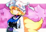  1girl animal_ears blonde_hair blush dress fox_ears fox_tail hands_in_opposite_sleeves hat highres multiple_tails open_mouth pillow_hat qqqrinkappp short_hair sleeves_past_fingers sleeves_past_wrists solo tabard tail touhou traditional_media upper_body white_dress white_headwear wide_sleeves yakumo_ran yellow_eyes 