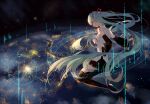  1girl absurdres aqua_hair bangs bare_shoulders black_sleeves blue_theme blurry blurry_background boots hatsune_miku highres light_particles long_hair looking_down molly790 planet planetary_ring skirt sky space star_(sky) starry_sky thigh_boots twintails very_long_hair vocaloid 