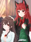  2girls alternate_hairstyle animal_ears ao_orin_ringo black_bow blurry bow bowtie braid breasts cat_ears chest_jewel curtains dress extra_ears green_bow green_dress hair_bow hair_down headpat highres kaenbyou_rin light_smile long_hair long_sleeves multiple_girls pointy_ears red_bow red_bowtie red_eyes redhead reiuji_utsuho touhou yuri 