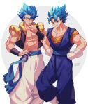  2boys abs blue_eyes blue_hair blue_sash closed_mouth collarbone commentary_request dragon_ball dragon_ball_super earrings gloves gogeta grey_background grin hand_on_hip hand_up hands_on_hips highres jewelry looking_at_viewer male_focus metamoran_vest multiple_boys pants pectorals potara_earrings sash smile spiky_hair standing super_saiyan super_saiyan_blue thumb_to_mouth two-tone_background vegetto white_background white_gloves white_pants zero-go 