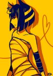  1girl animal_crossing animal_ears ankha_(animal_crossing) armlet armpit_crease aya_(8819062) backlighting bangs bare_shoulders belt breasts cat_ears cat_girl cat_tail commentary dark-skinned_female dark_skin dress egyptian egyptian_clothes eye_of_horus eyelashes eyes_visible_through_hair facial_tattoo from_side gradient gradient_background humanization large_breasts looking_away parted_lips purple_hair ribs see-through_silhouette shiny shiny_skin short_hair sideboob simple_background slit_pupils solo tail tattoo usekh_collar violet_eyes white_dress yellow_background 
