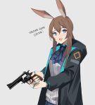  1girl :d absurdres amiya_(arknights) animal_ears arknights ascot black_coat blue_ascot blue_eyes blue_skirt brown_hair coat colt_python commentary english_commentary english_text false_smile gar32 grey_background gun highres holding holding_gun holding_weapon hood hood_down hooded_coat jewelry long_hair multiple_rings open_clothes open_coat open_mouth rabbit_ears rabbit_girl revolver ring shirt sidelocks simple_background skirt smile solo thumb_ring upper_body weapon white_shirt 