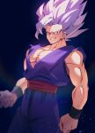  1boy arms_at_sides blue_background clenched_hand commentary_request dougi dragon_ball dragon_ball_super dragon_ball_super_super_hero gohan_beast grey_hair grin highres looking_at_viewer male_focus muscular muscular_male pectorals red_eyes red_sash sash simple_background smile solo son_gohan spiky_hair standing twitter_username wristband zero-go 