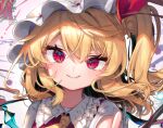  1girl blonde_hair crystal fang fang_out flandre_scarlet frilled_shirt_collar frills gunjou_row hat looking_at_viewer mob_cap one_side_up red_eyes ribbon short_sleeves smile solo touhou unfinished wings 