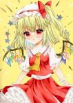  1girl ascot blonde_hair bow flandre_scarlet hat looking_at_viewer mob_cap red_bow red_eyes short_sleeves skirt solo star_(symbol) starry_background touhou traditional_media wings yellow_background zenra1112 