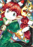 1girl :3 animal_ears bell braid cat_ears cat_tail chups dress extra_ears fang fang_out green_dress highres jingle_bell kaenbyou_rin marker_(medium) multiple_tails pointy_ears redhead shikishi tail touhou traditional_media twin_braids 