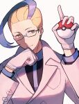  1boy black-framed_eyewear blonde_hair blue_hair closed_mouth coat colress_(pokemon) commentary_request glasses gloves hands_up highres holding holding_poke_ball kinomi_3030 long_sleeves male_focus multicolored_hair poke_ball poke_ball_(legends) pokemon pokemon_(game) pokemon_bw2 solo two-tone_hair upper_body yellow_eyes 