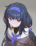  1girl black_hair blue_archive blue_eyes blue_hairband blue_neckerchief blue_ribbon hair_ribbon hairband jewelry long_hair looking_at_viewer low_twintails neckerchief necklace off_shoulder ribbon sailor_collar solo timbougami twintails ui_(blue_archive) white_sailor_collar 