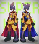  arms_at_sides background_text belt black_belt black_footwear blue_cape boots buttons cape clenched_hands closed_mouth colored_sclera colored_skin commentary_request copyright_name double-breasted dragon_ball dragon_ball_super dragon_ball_super_super_hero energy_gun gamma_1 gamma_2 grey_background grey_skin grin highres jacket long_sleeves looking_at_viewer male_focus pants ray_gun red_cape red_ribbon_army serious shadow side-by-side simple_background smile standing superhero twitter_username weapon yellow_jacket yellow_pants yellow_sclera zero-go 