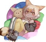  1girl asymmetrical_legwear bare_shoulders black_footwear black_jacket black_thighhighs blonde_hair blush boots character_pillow commentary_request coyopotato coyote_(kemono_friends) coyote_ears coyote_girl coyote_tail extra_ears hair_between_eyes handsdsds jacket kemono_friends kemono_friends_v_project long_sleeves looking_at_viewer lying multicolored_hair on_back paw_print_soles pillow pleated_skirt shirt short_hair sitting skirt solo spaghetti_strap striped striped_thighhighs thigh-highs two-tone_thighhighs white_hair white_shirt white_thighhighs yellow_eyes yellow_thighhighs zettai_ryouiki 