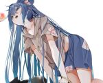  2girls all_fours animal_ears bangs blue_bow blue_eyes blue_hair blue_skirt blush bow bowl cat_ears collarbone debt feet_out_of_frame fingernails food fruit grey_hoodie hair_between_eyes hand_up highres hinanawi_tenshi hood hoodie long_hair looking_at_another multiple_girls navel open_mouth peach short_sleeves simple_background skirt solo_focus stuffed_animal stuffed_toy teeth tongue touhou tsune_(tune) white_background yorigami_shion 